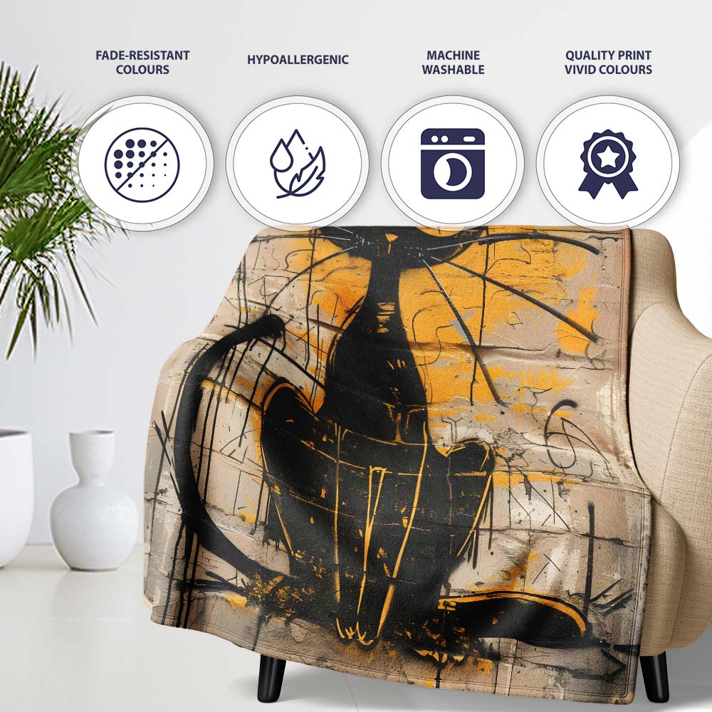 Black Cat Yellow Brick Graffiti Street Art, Gift for Adults and Teens, Comfortable Everyday Use - Super Soft Fleece Blanket Bed Sofa Throw