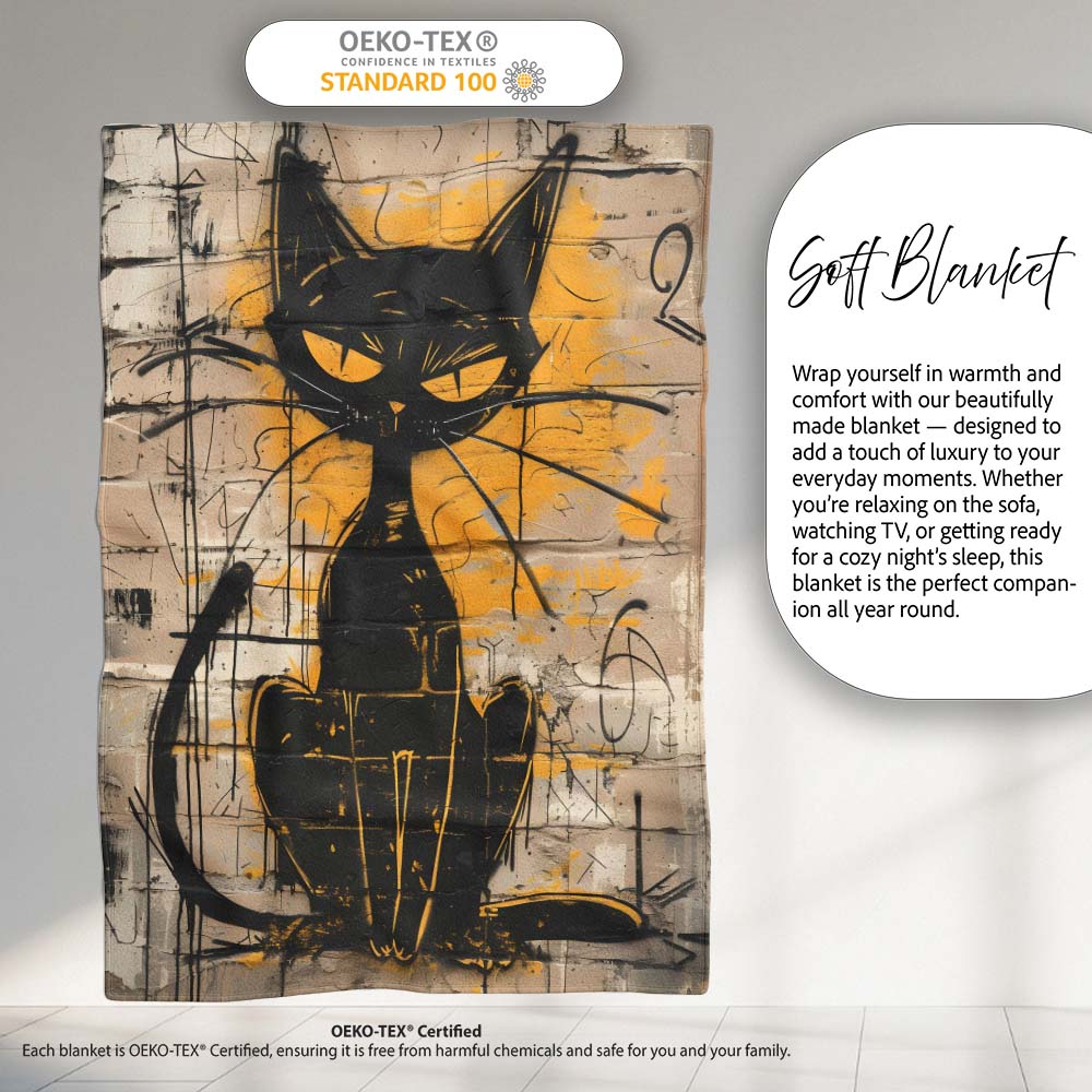 Black Cat Yellow Brick Graffiti Street Art, Gift for Adults and Teens, Comfortable Everyday Use - Super Soft Fleece Blanket Bed Sofa Throw