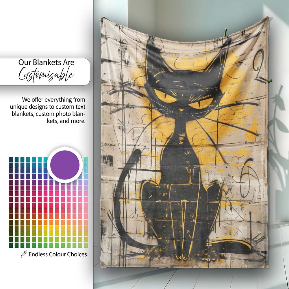 Black Cat Yellow Brick Graffiti Street Art, Gift for Adults and Teens, Comfortable Everyday Use - Super Soft Fleece Blanket Bed Sofa Throw
