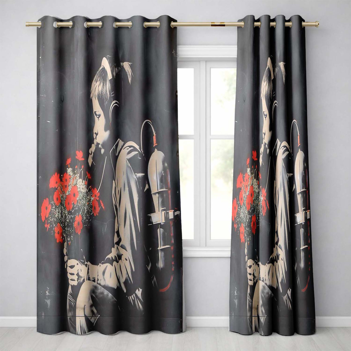 Boy with Red Flowers Dark Stencil Graffiti Unique Striking Artwork for Home Decor Readymade Eyelet Ring Top Thermal 100% Blackout Curtains