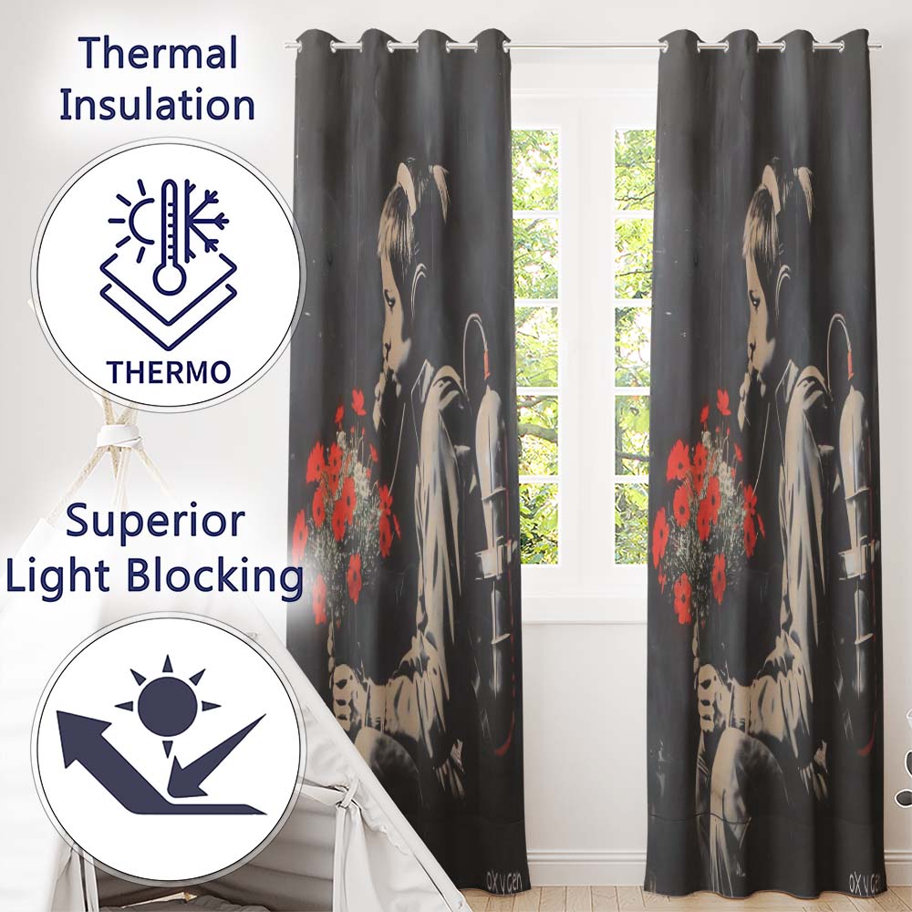 Boy with Red Flowers Dark Stencil Graffiti Unique Striking Artwork for Home Decor Readymade Eyelet Ring Top Thermal 100% Blackout Curtains
