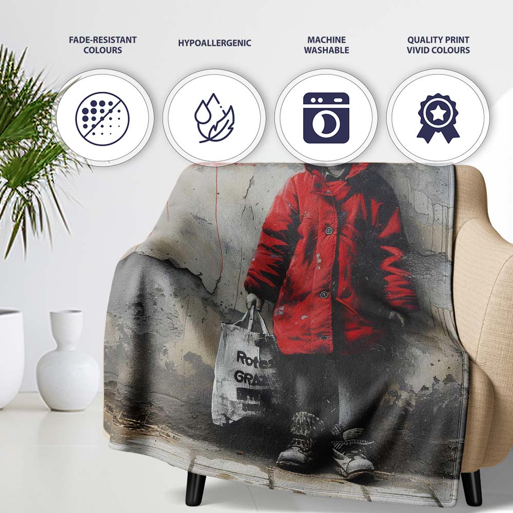 Child in Red Coat Urban Street Art, Cozy Home Decor, All Season Comfort, Modern Interior Accent - Super Soft Fleece Blanket Bed Sofa Throw