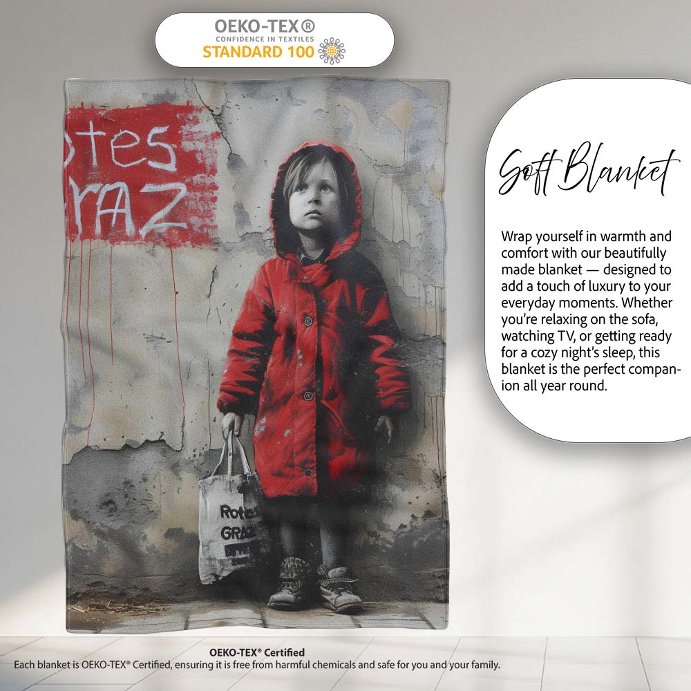 Child in Red Coat Urban Street Art, Cozy Home Decor, All Season Comfort, Modern Interior Accent - Super Soft Fleece Blanket Bed Sofa Throw