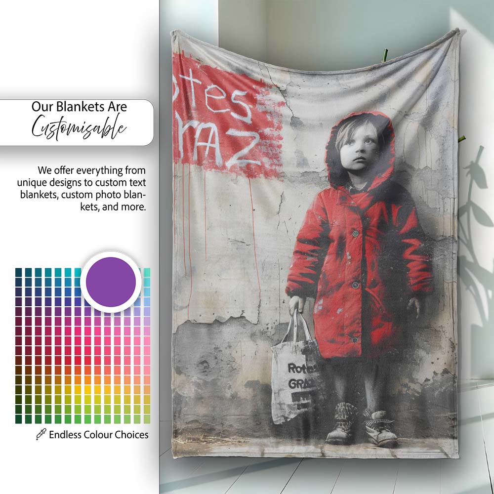 Child in Red Coat Urban Street Art, Cozy Home Decor, All Season Comfort, Modern Interior Accent - Super Soft Fleece Blanket Bed Sofa Throw