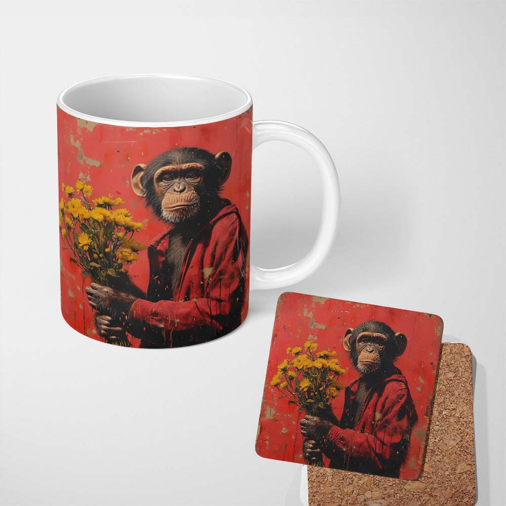 Chimpanzee Holding Yellow Flowers Red Urban Art 11oz Ceramic Coffee Tea Mug White Large Handle