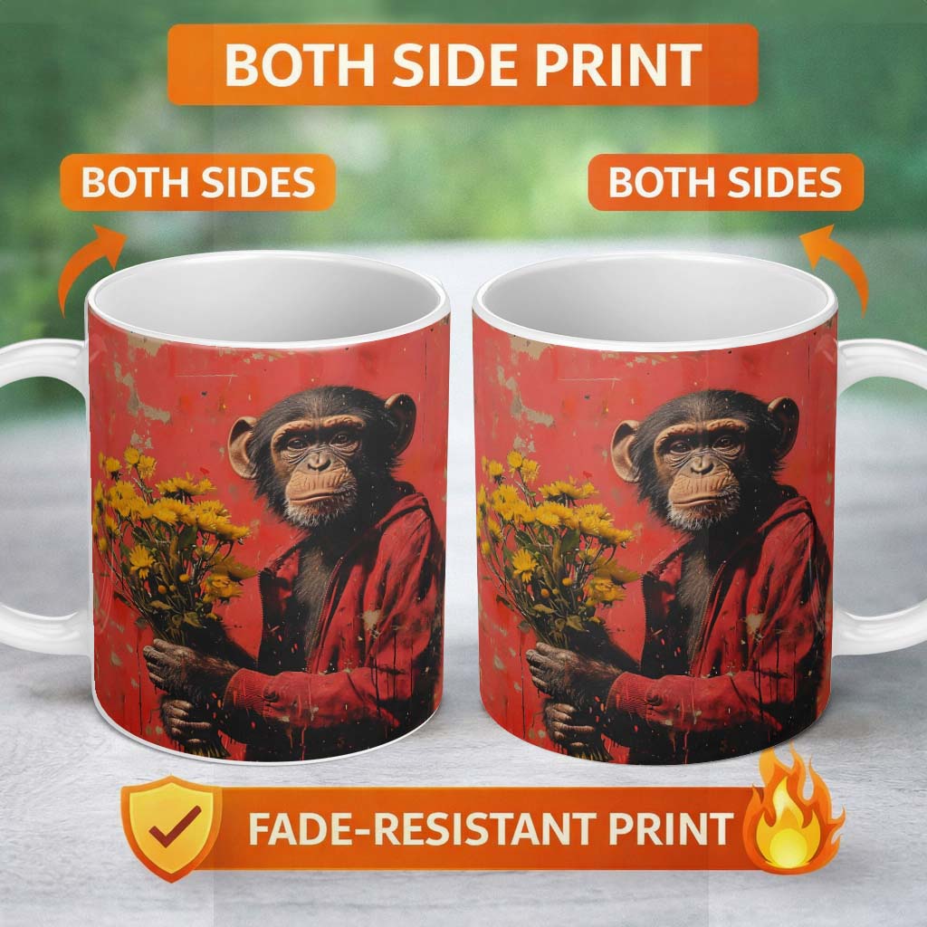 Chimpanzee Holding Yellow Flowers Red Urban Art 11oz Ceramic Coffee Tea Mug White Large Handle