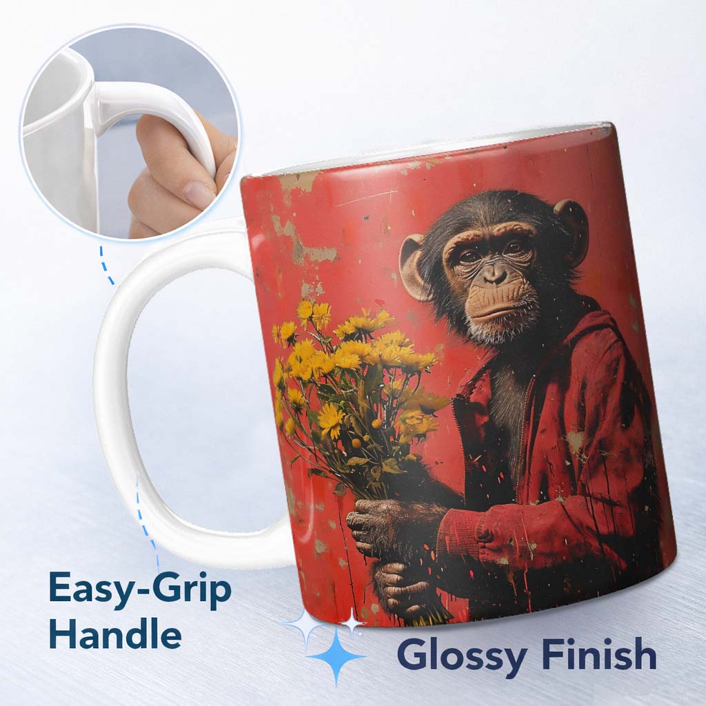 Chimpanzee Holding Yellow Flowers Red Urban Art 11oz Ceramic Coffee Tea Mug White Large Handle