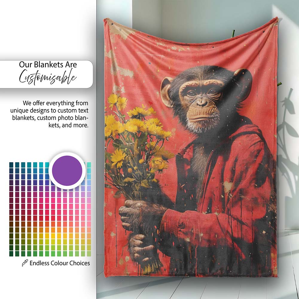 Chimpanzee Holding Yellow Flowers Red Urban Art, Bedroom Living Room Accent, All Season Comfort - Super Soft Fleece Blanket Bed Sofa Throw