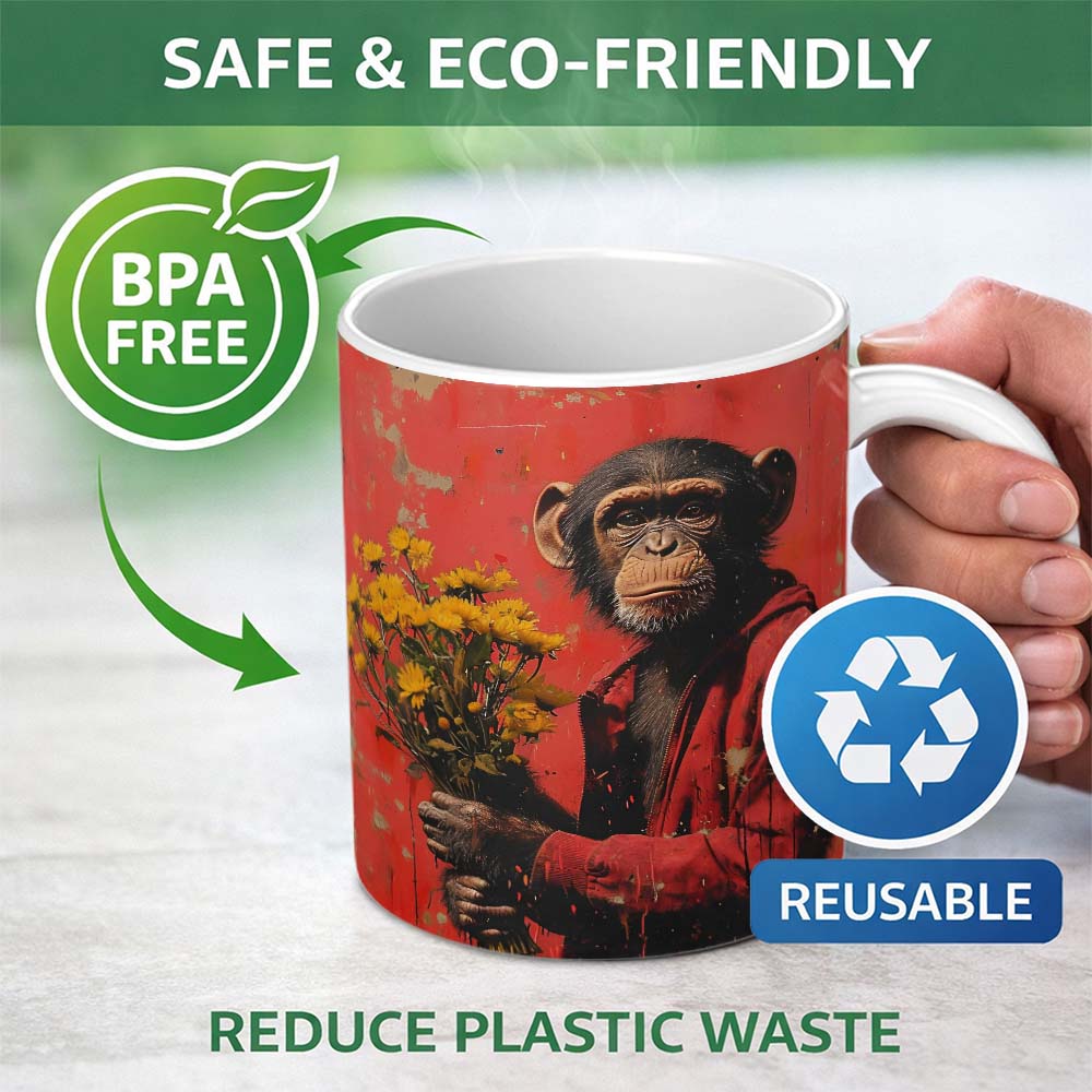 Chimpanzee Holding Yellow Flowers Red Urban Art 11oz Ceramic Coffee Tea Mug White Large Handle