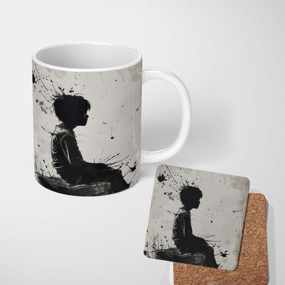 Seated Boy with Butterflies Monochrome Graffiti 11oz Ceramic Coffee Tea Mug White Large Handle