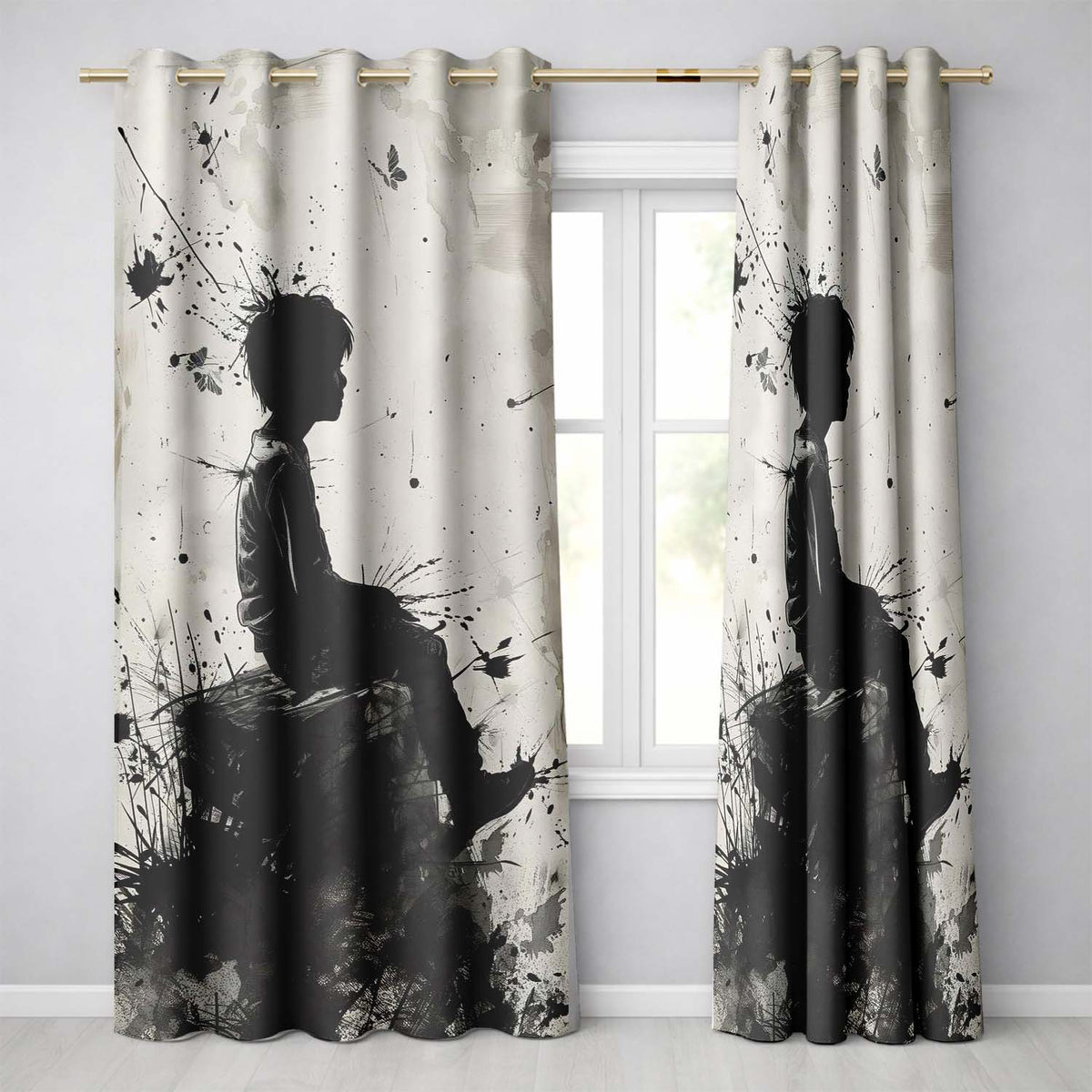 Seated Boy with Butterflies Monochrome Graffiti Vibrant Artwork for Bedroom Decor Readymade Eyelet Ring Top Thermal 100% Blackout Curtains