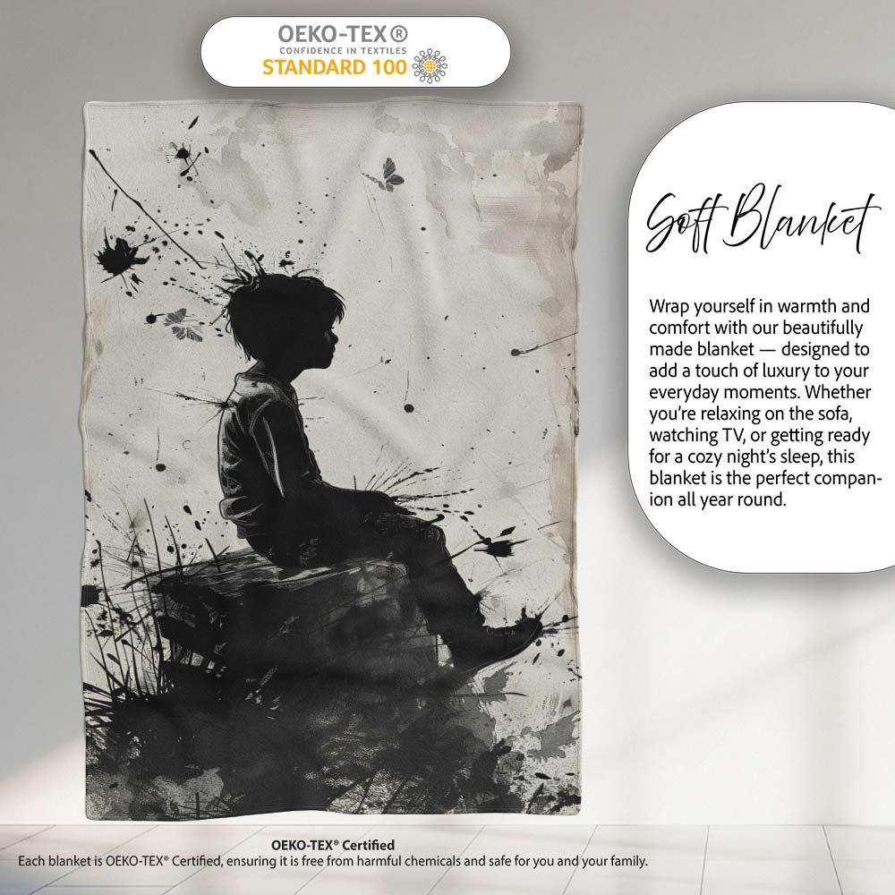 Seated Boy with Butterflies Monochrome Graffiti, Bedroom Living Room Accent, All Season Comfort - Super Soft Fleece Blanket Bed Sofa Throw