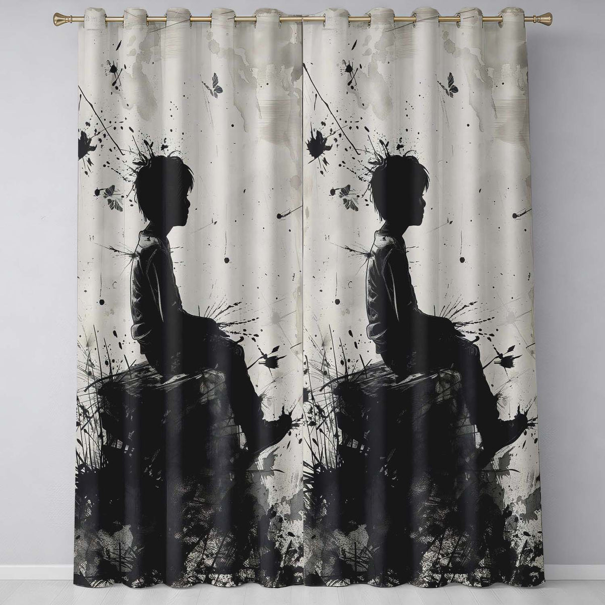 Seated Boy with Butterflies Monochrome Graffiti Vibrant Artwork for Bedroom Decor Readymade Eyelet Ring Top Thermal 100% Blackout Curtains