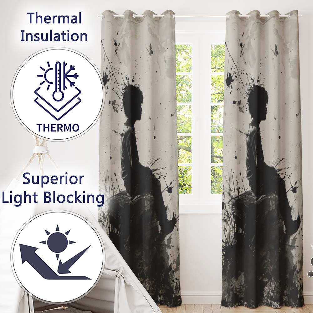 Seated Boy with Butterflies Monochrome Graffiti Vibrant Artwork for Bedroom Decor Readymade Eyelet Ring Top Thermal 100% Blackout Curtains