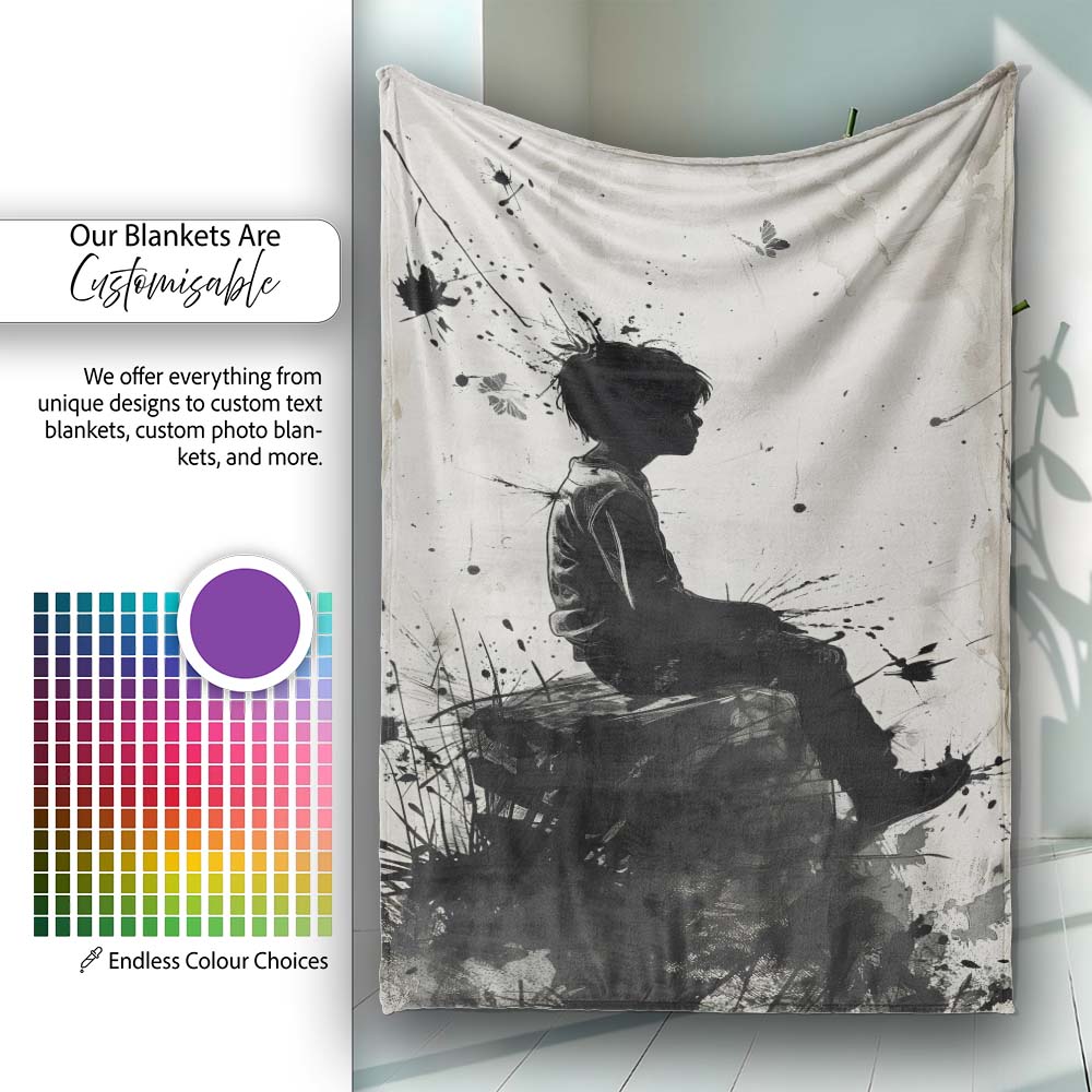 Seated Boy with Butterflies Monochrome Graffiti, Bedroom Living Room Accent, All Season Comfort - Super Soft Fleece Blanket Bed Sofa Throw