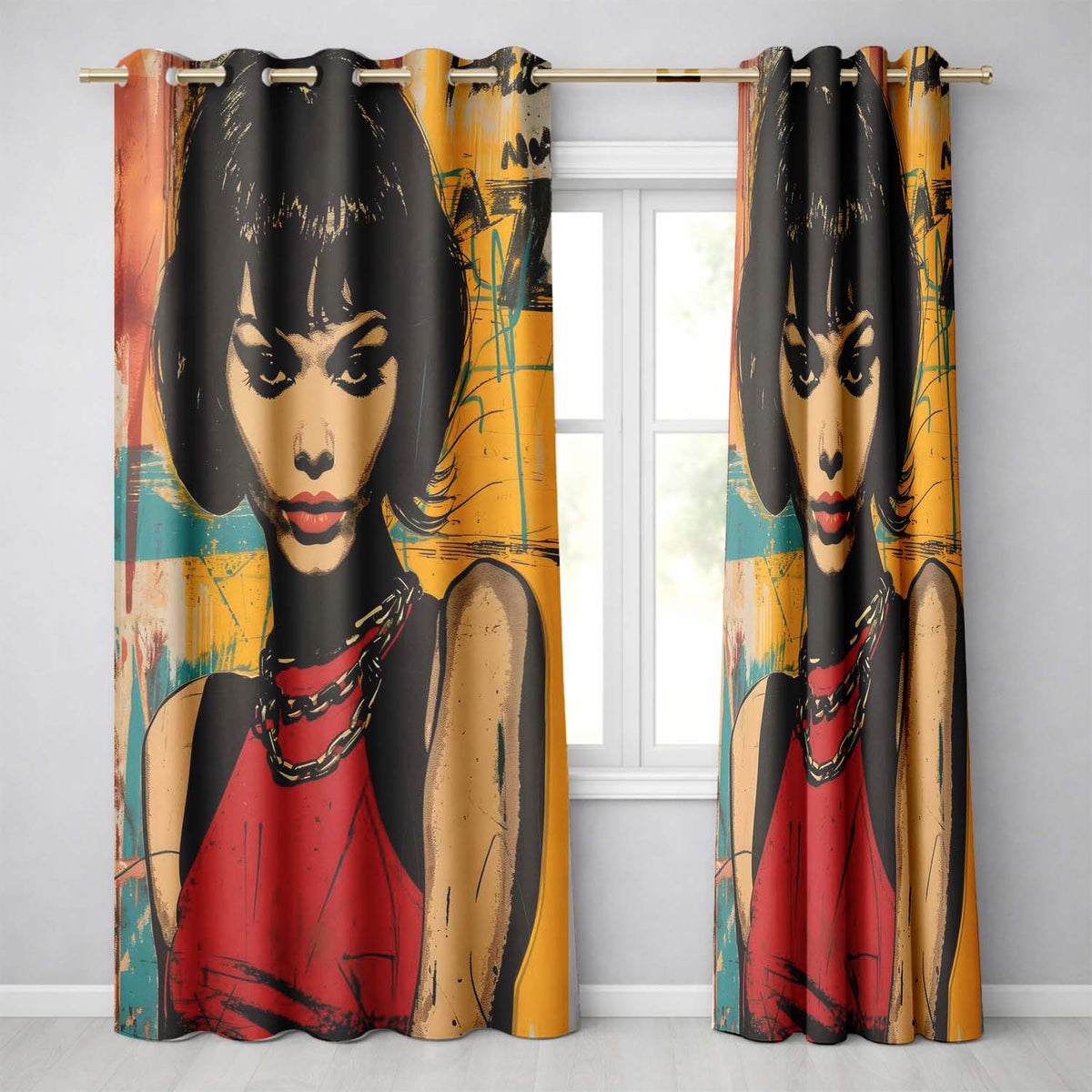 Modern Pop Art Woman Portrait Yellow Red Graffiti Distinctive Artistic Home Decor Readymade Eyelet Ring Top Thermal 100% Blackout Curtains