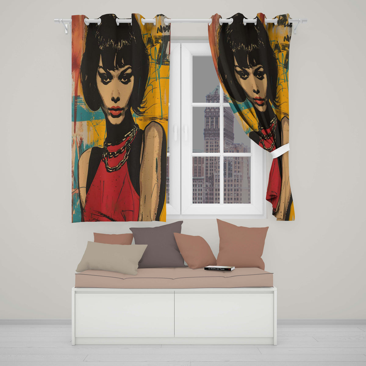 Modern Pop Art Woman Portrait Yellow Red Graffiti Distinctive Artistic Home Decor Readymade Eyelet Ring Top Thermal 100% Blackout Curtains