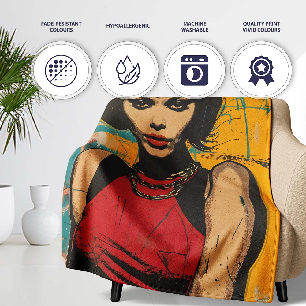 Modern Pop Art Woman Portrait Yellow Red Graffiti, All Season Comfort, Comfortable Everyday Use - Super Soft Fleece Blanket Bed Sofa Throw