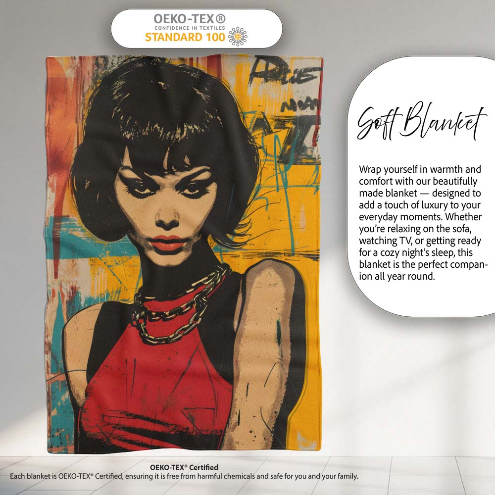 Modern Pop Art Woman Portrait Yellow Red Graffiti, All Season Comfort, Comfortable Everyday Use - Super Soft Fleece Blanket Bed Sofa Throw