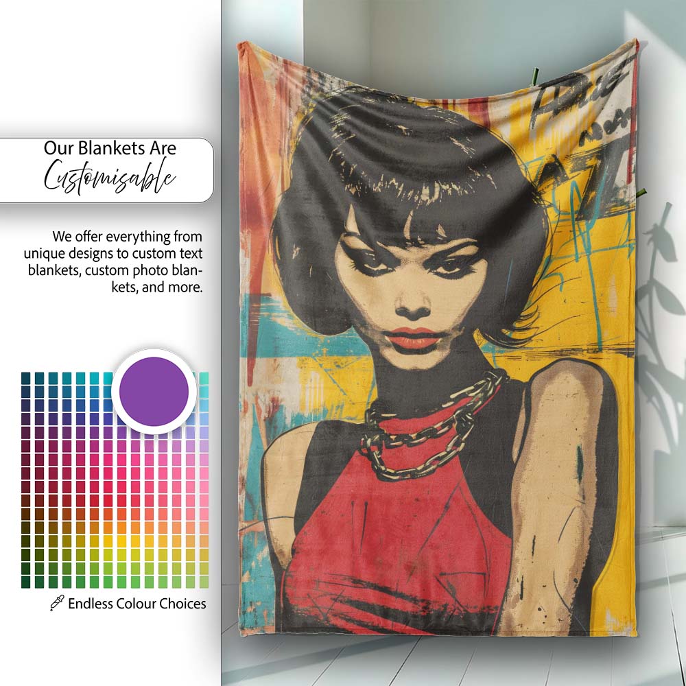 Modern Pop Art Woman Portrait Yellow Red Graffiti, All Season Comfort, Comfortable Everyday Use - Super Soft Fleece Blanket Bed Sofa Throw