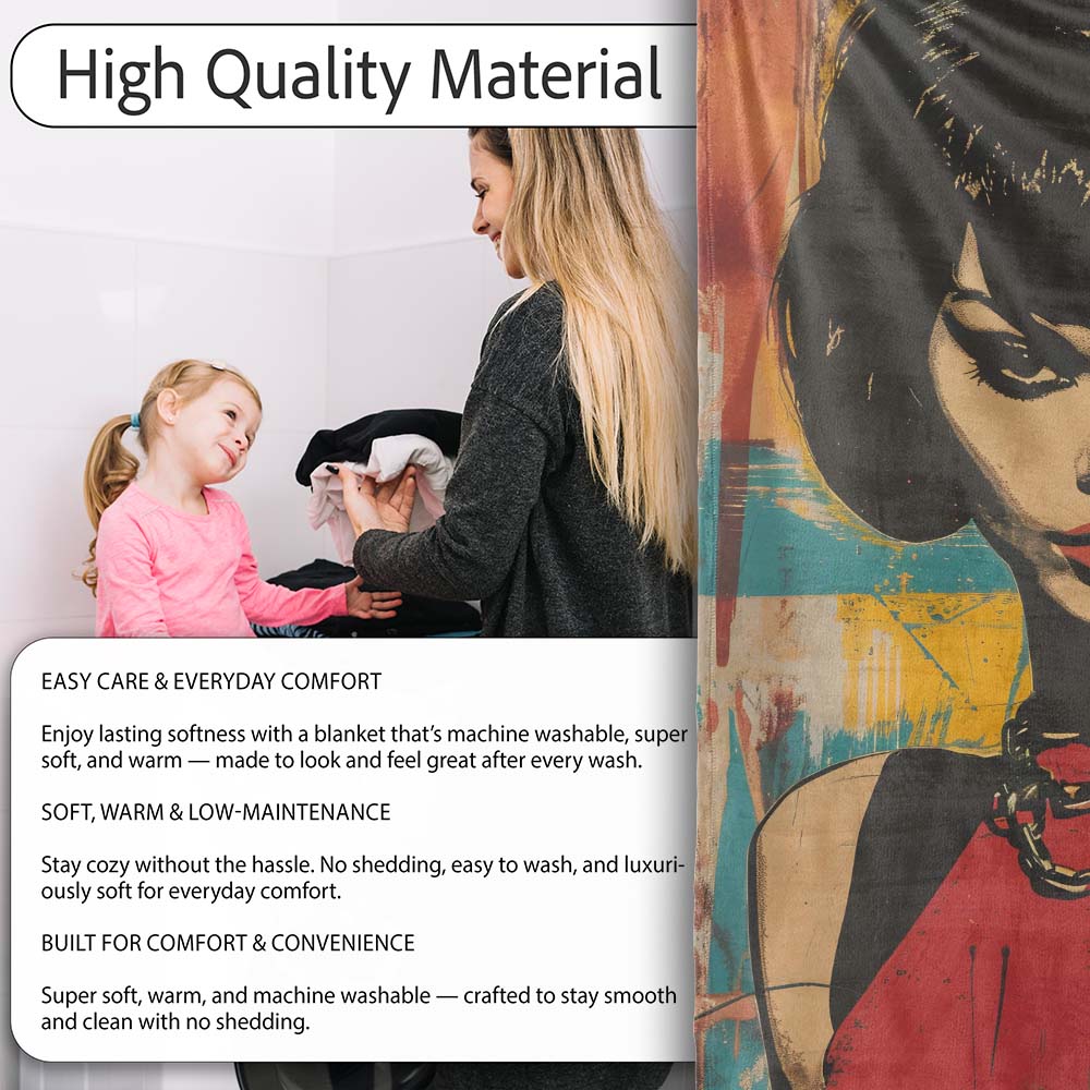 Modern Pop Art Woman Portrait Yellow Red Graffiti, All Season Comfort, Comfortable Everyday Use - Super Soft Fleece Blanket Bed Sofa Throw