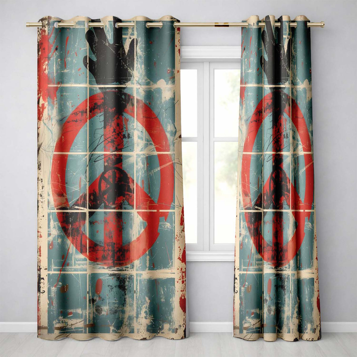 Abstract Peace Symbol Blue Red Grunge Street Art Contemporary Wall Art Home Decor Readymade Eyelet Ring Top Thermal 100% Blackout Curtains