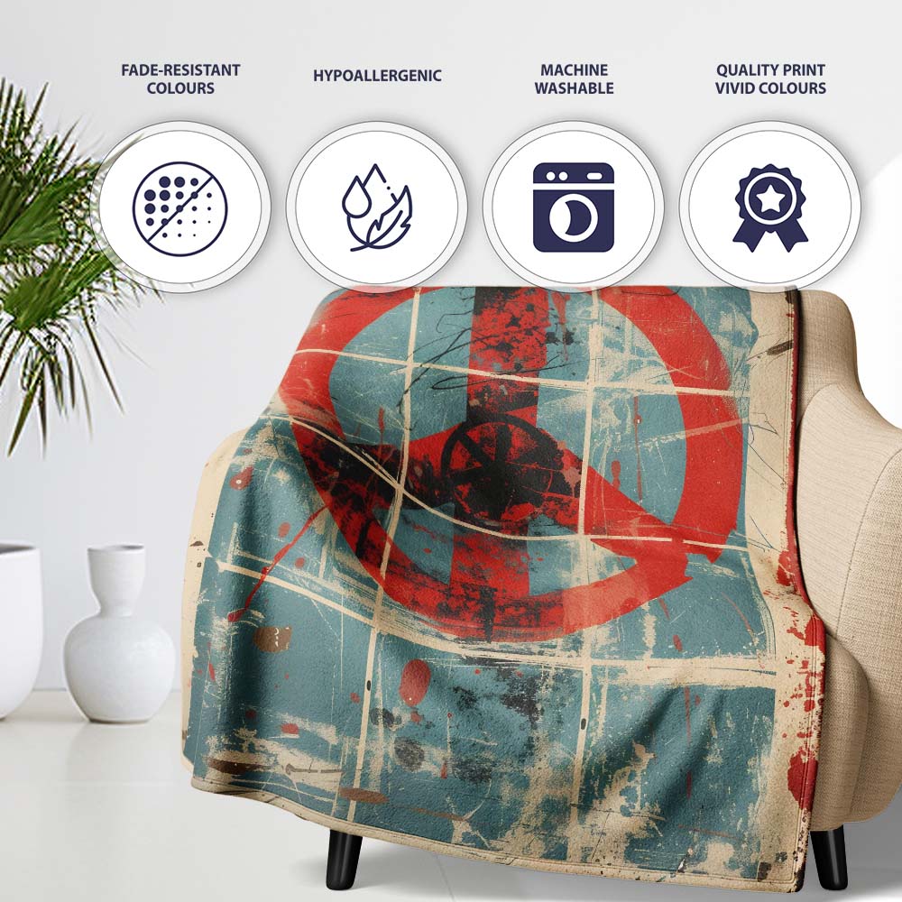 Abstract Peace Symbol Blue Red Grunge Street Art, All Season Comfort, Gift for Adults and Teens - Super Soft Fleece Blanket Bed Sofa Throw