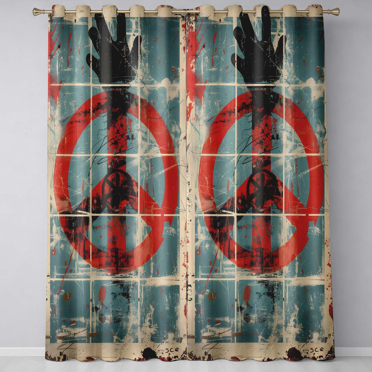 Abstract Peace Symbol Blue Red Grunge Street Art Contemporary Wall Art Home Decor Readymade Eyelet Ring Top Thermal 100% Blackout Curtains