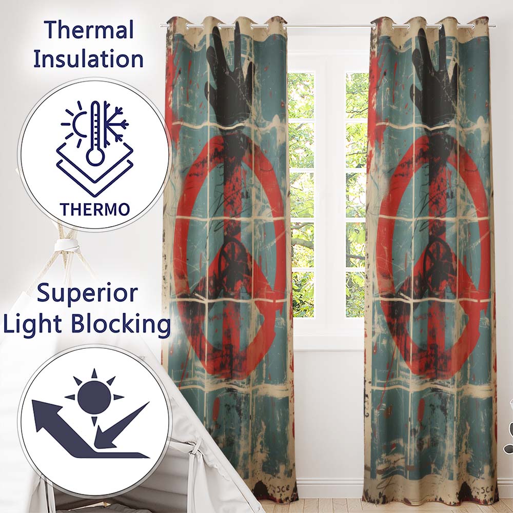 Abstract Peace Symbol Blue Red Grunge Street Art Contemporary Wall Art Home Decor Readymade Eyelet Ring Top Thermal 100% Blackout Curtains