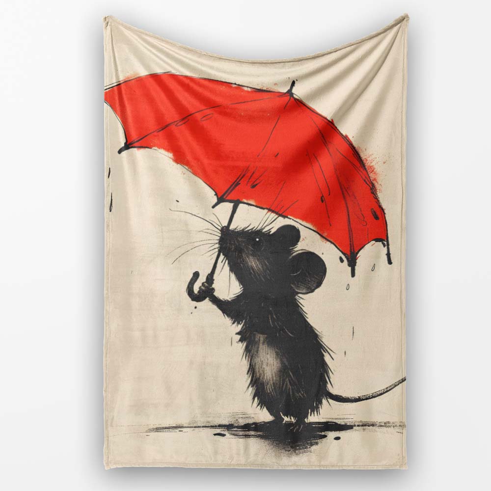 Cute Black Mouse with Red Umbrella Minimalist Illustration, Artistic Comfortable Art Lover Gift - Super Soft Fleece Blanket Bed Sofa Throw