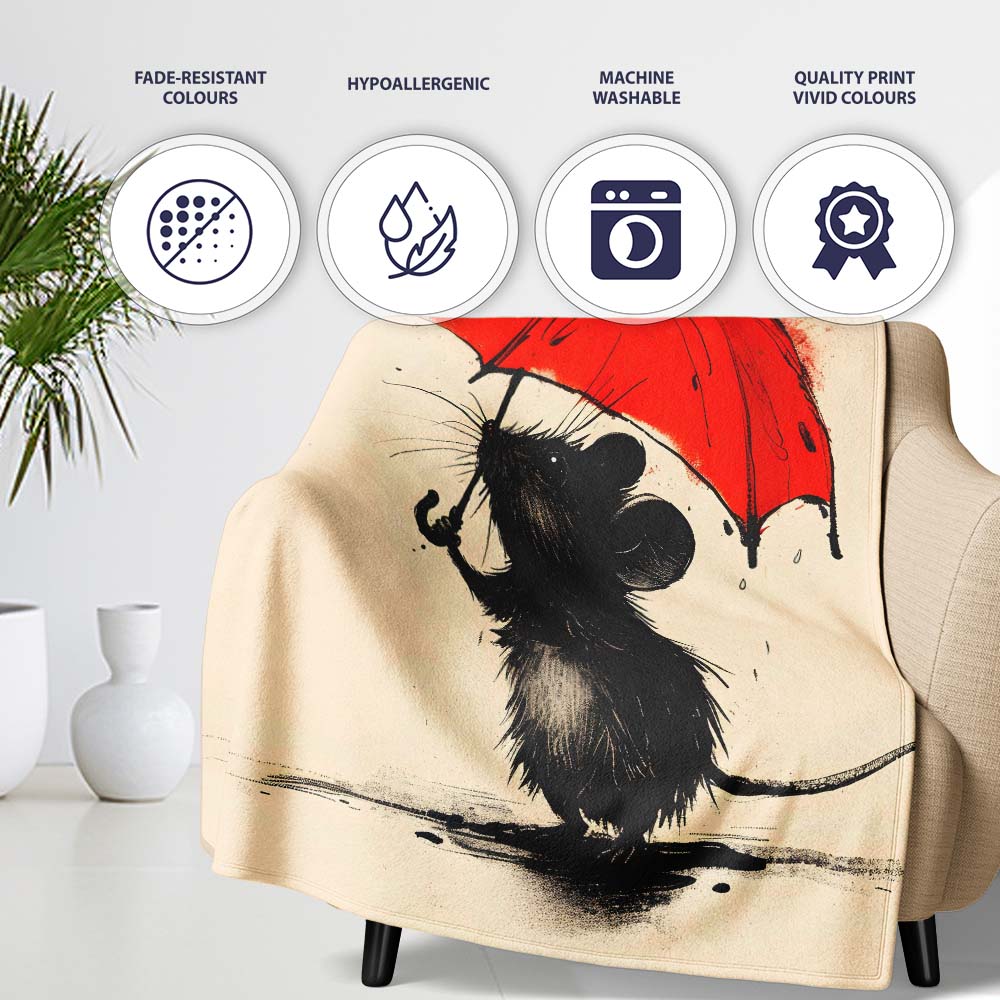 Cute Black Mouse with Red Umbrella Minimalist Illustration, Artistic Comfortable Art Lover Gift - Super Soft Fleece Blanket Bed Sofa Throw
