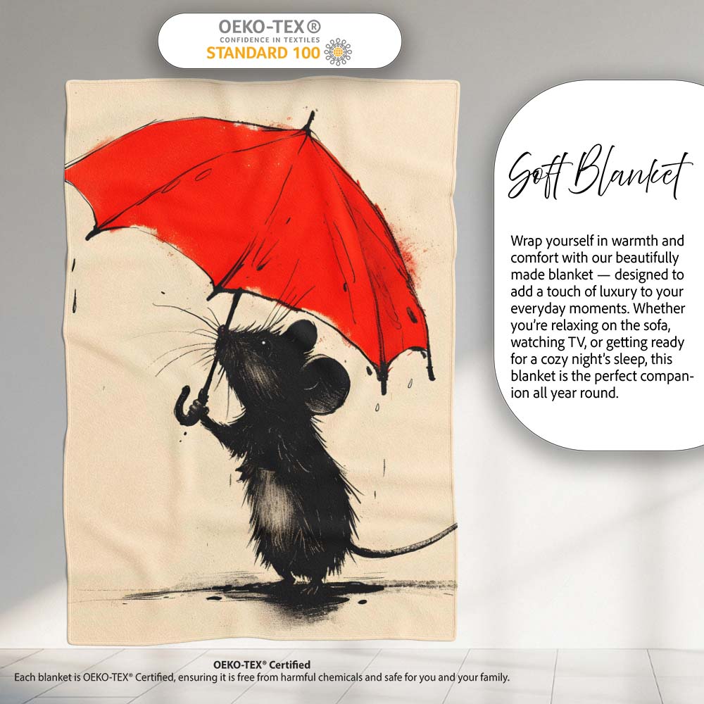 Cute Black Mouse with Red Umbrella Minimalist Illustration, Artistic Comfortable Art Lover Gift - Super Soft Fleece Blanket Bed Sofa Throw