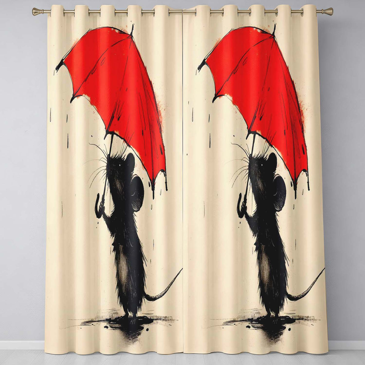 Cute Black Mouse with Red Umbrella Minimalist Illustration Distinctive Home Decor Readymade Eyelet Ring Top Thermal 100% Blackout Curtains