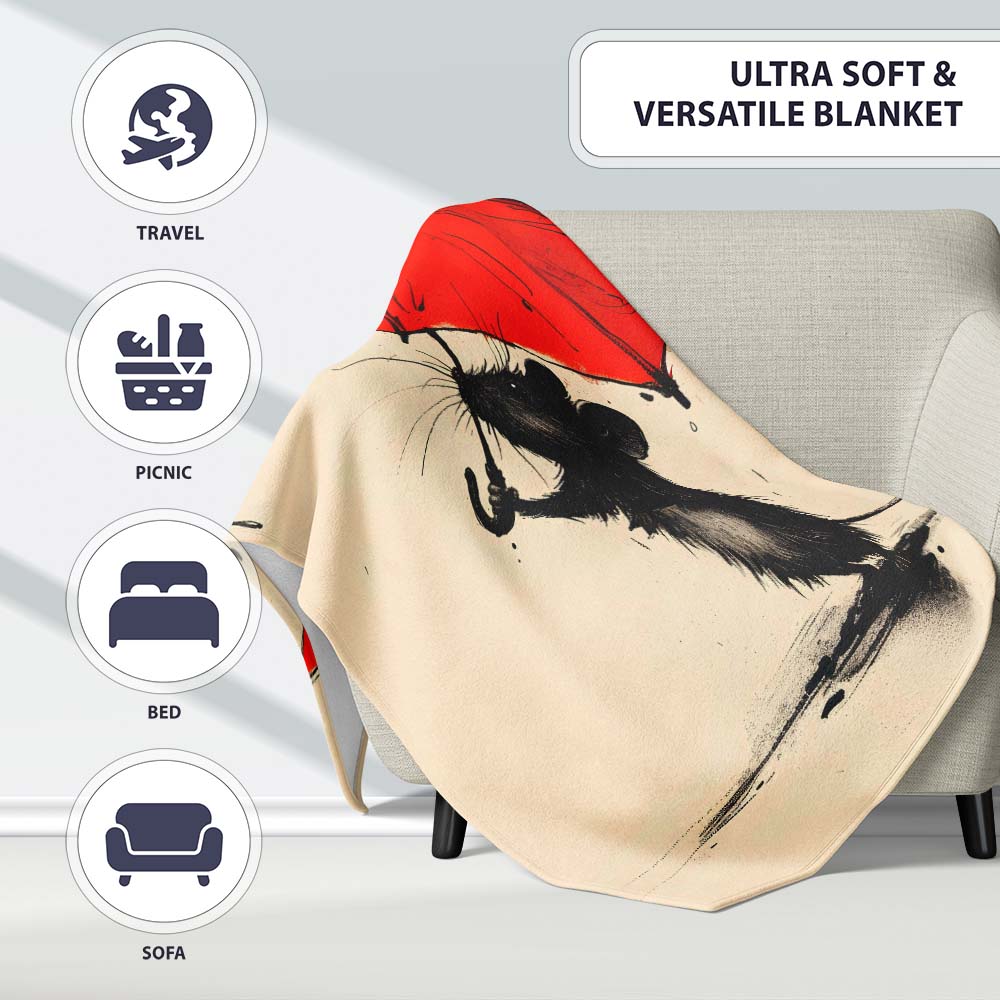 Cute Black Mouse with Red Umbrella Minimalist Illustration, Artistic Comfortable Art Lover Gift - Super Soft Fleece Blanket Bed Sofa Throw
