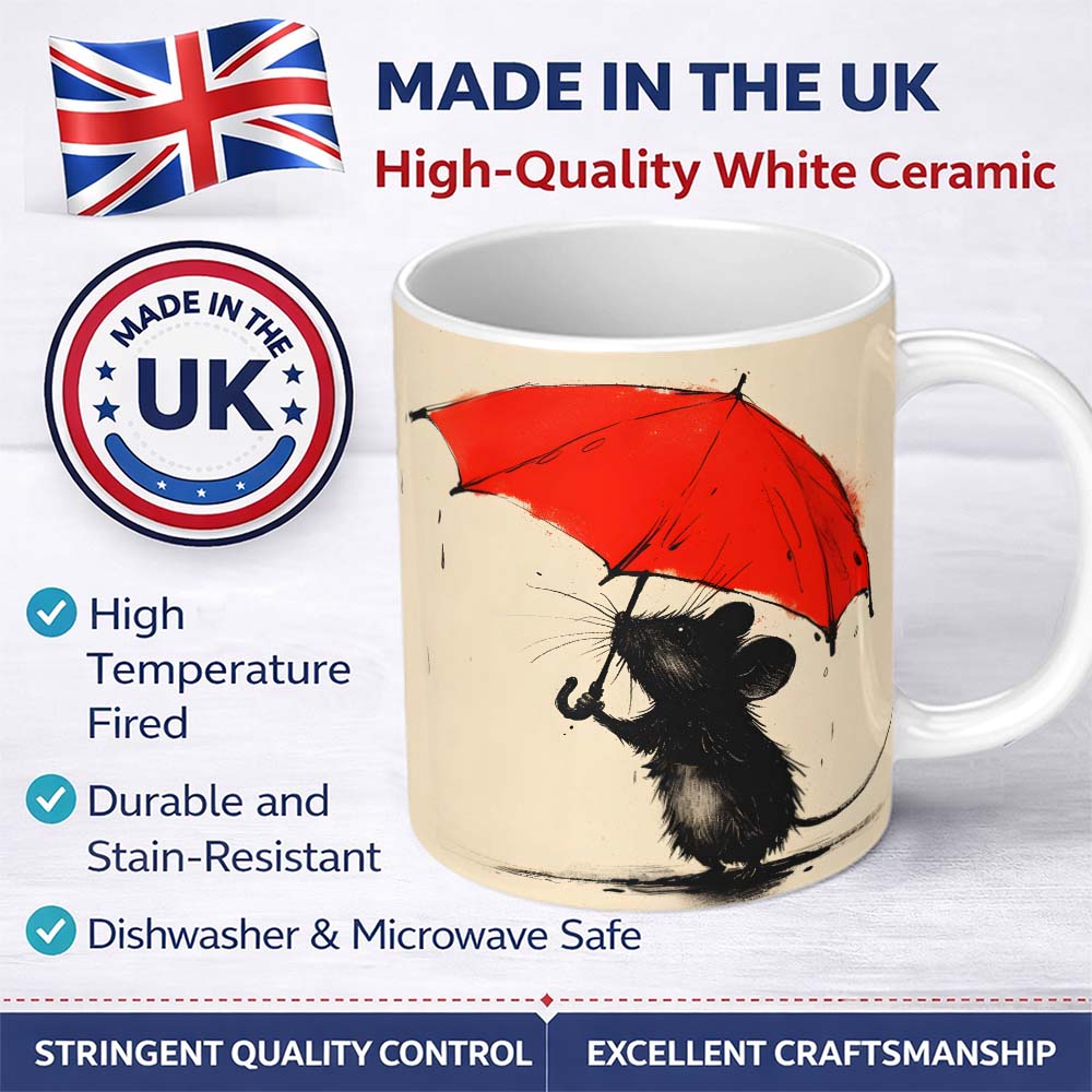 Cute Black Mouse with Red Umbrella Minimalist Illustration 11oz Ceramic Coffee Tea Mug White Large Handle
