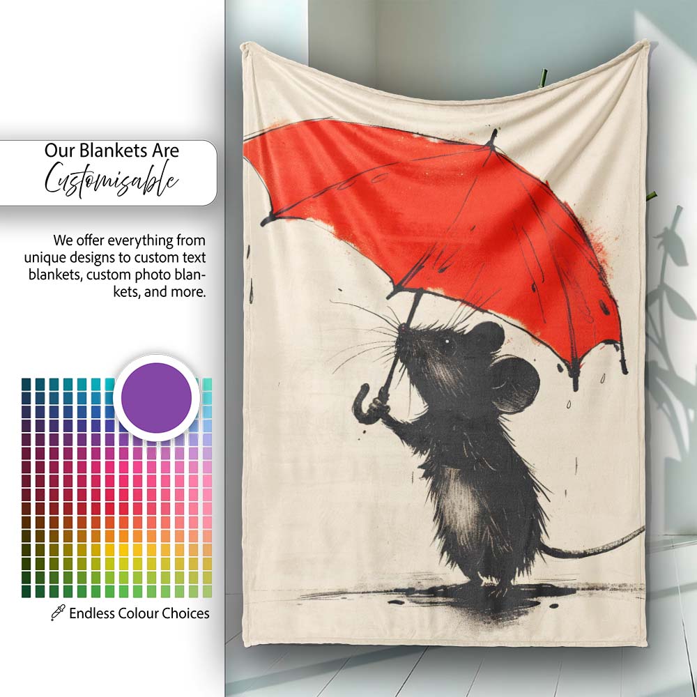 Cute Black Mouse with Red Umbrella Minimalist Illustration, Artistic Comfortable Art Lover Gift - Super Soft Fleece Blanket Bed Sofa Throw
