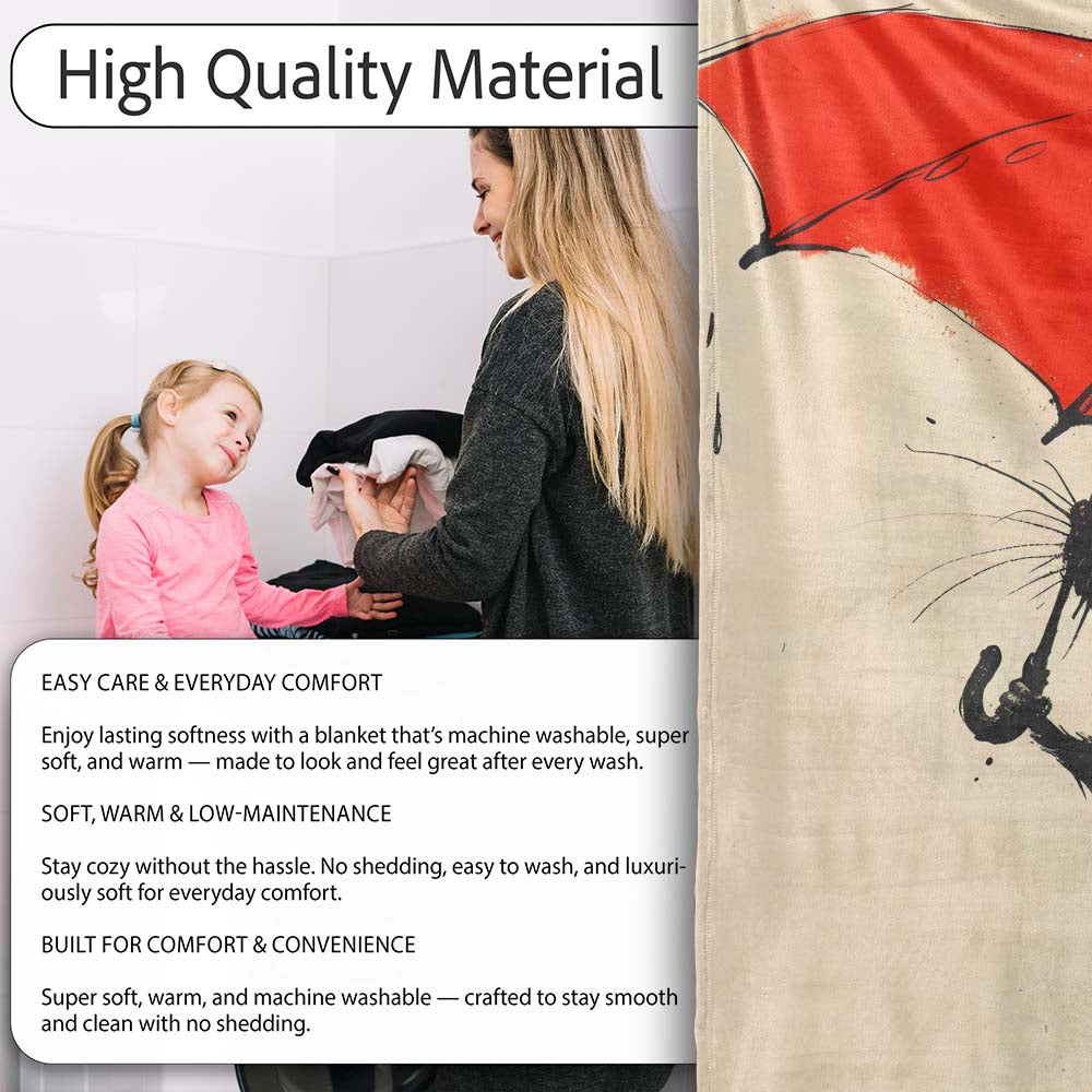 Cute Black Mouse with Red Umbrella Minimalist Illustration, Artistic Comfortable Art Lover Gift - Super Soft Fleece Blanket Bed Sofa Throw