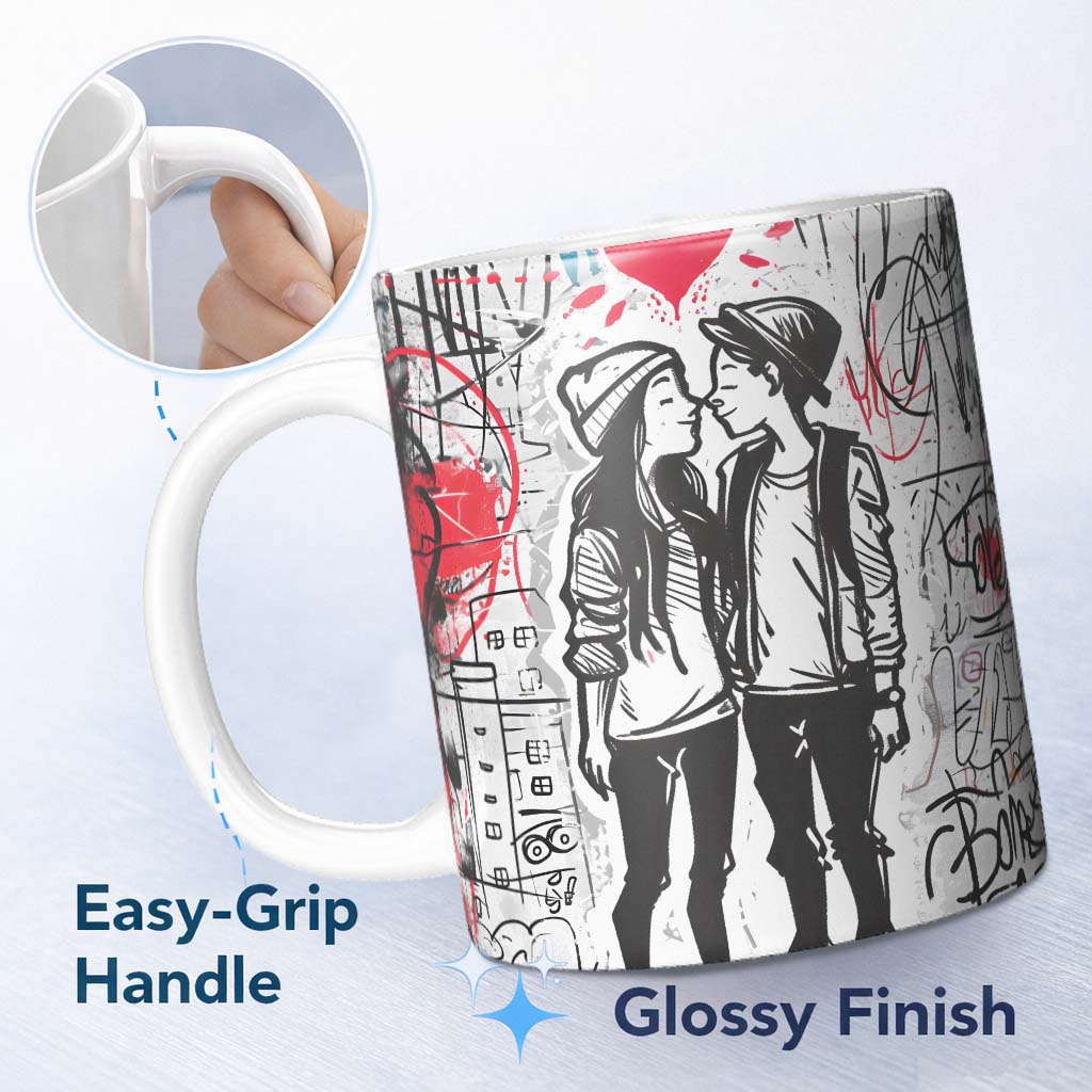Romantic Couple Kiss Graffiti Street Art Love 11oz Ceramic Coffee Tea Mug White Large Handle