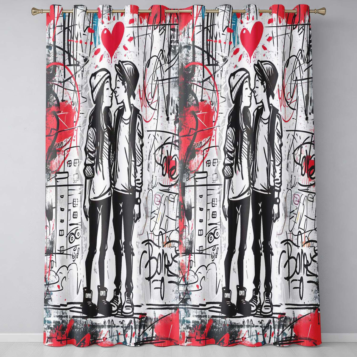 Romantic Couple Kiss Graffiti Street Art Love Vibrant Bold Artwork for Home Decor Readymade Eyelet Ring Top Thermal 100% Blackout Curtains