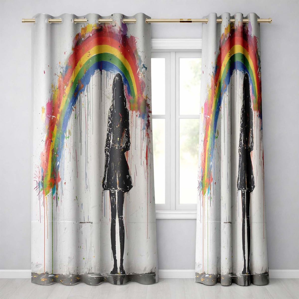 Girl Standing Beneath Colourful Rainbow Street Art Creative Design for Home Decor Readymade Eyelet Ring Top Thermal 100% Blackout Curtains
