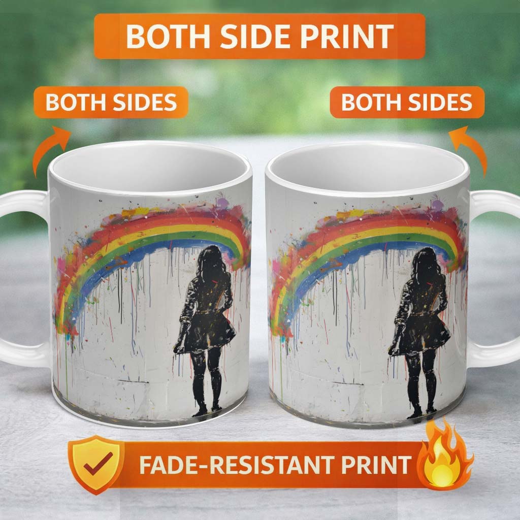 Girl Standing Beneath Colourful Rainbow Street Art 11oz Ceramic Coffee Tea Mug White Large Handle