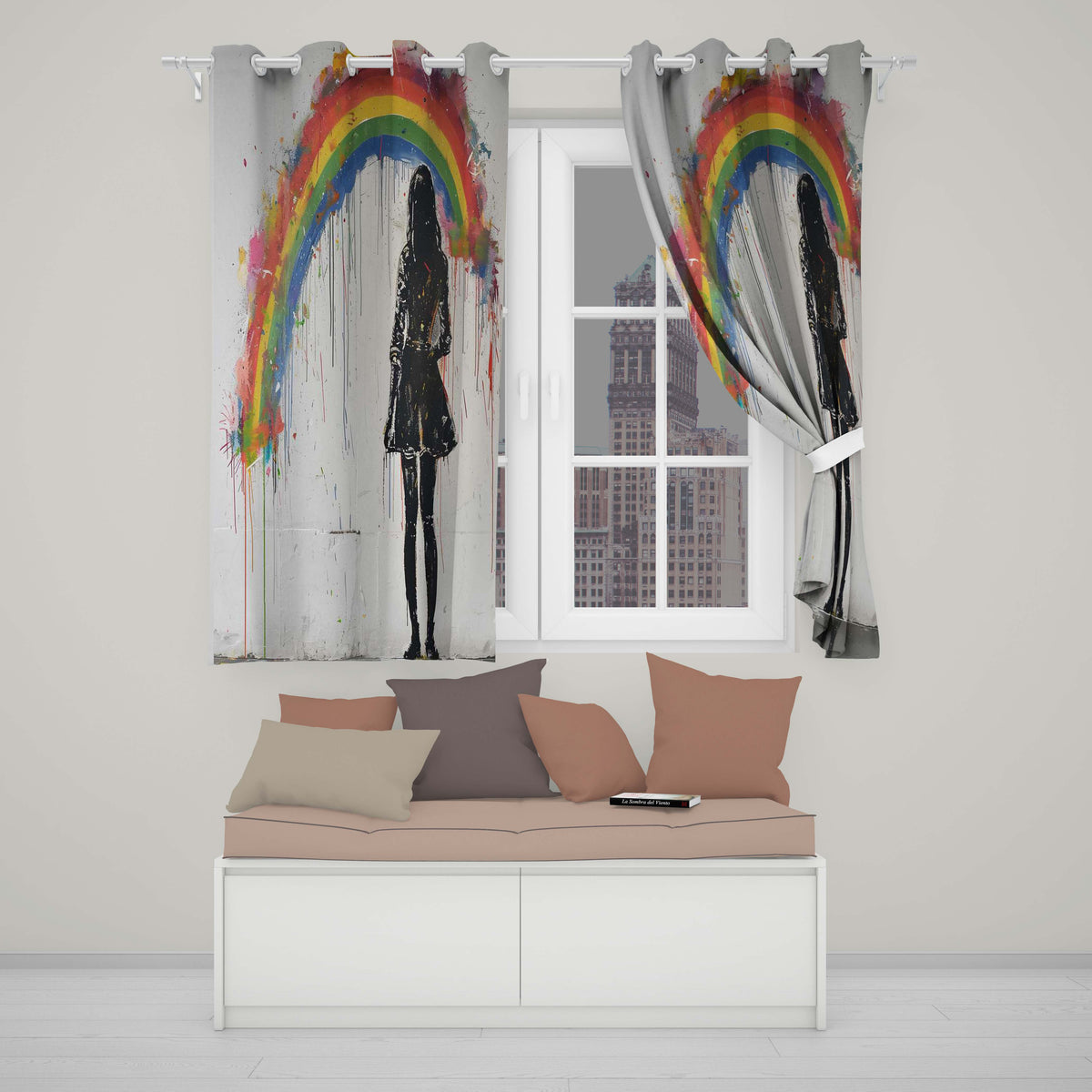 Girl Standing Beneath Colourful Rainbow Street Art Creative Design for Home Decor Readymade Eyelet Ring Top Thermal 100% Blackout Curtains
