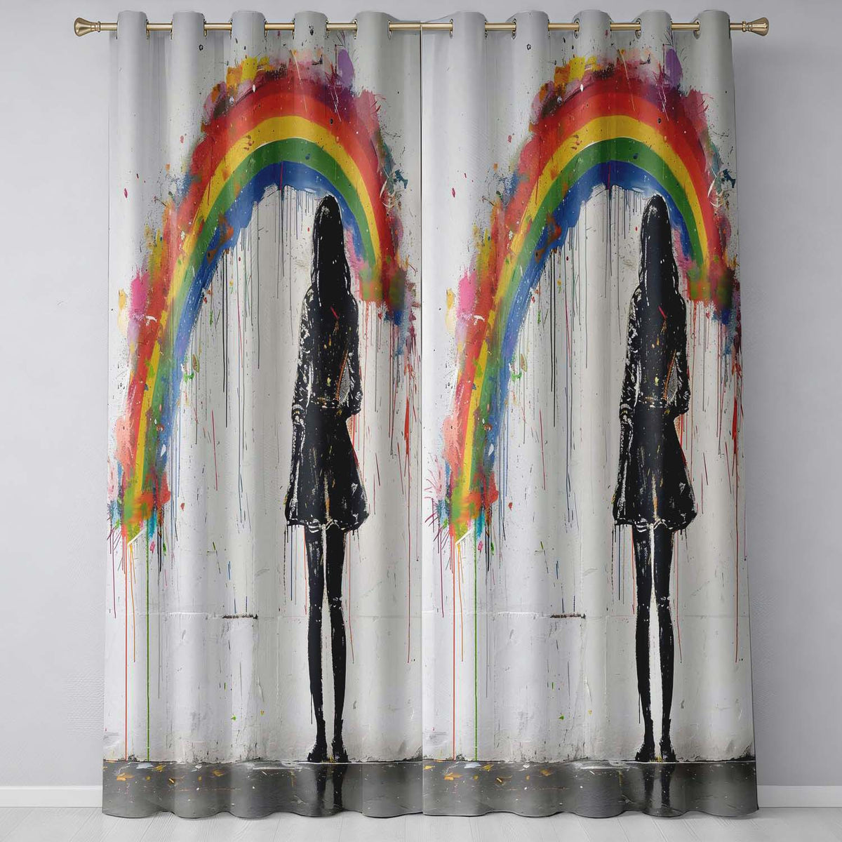 Girl Standing Beneath Colourful Rainbow Street Art Creative Design for Home Decor Readymade Eyelet Ring Top Thermal 100% Blackout Curtains