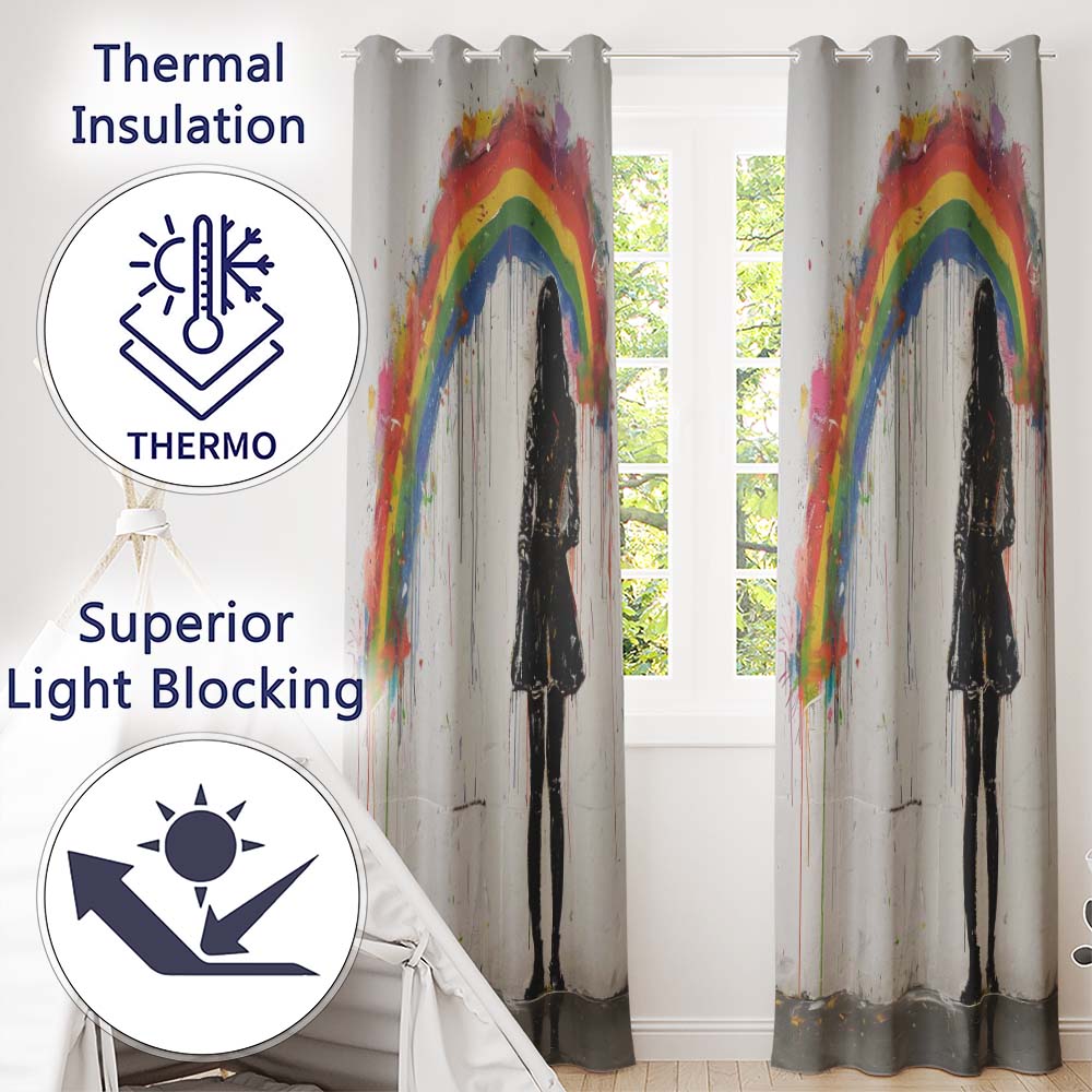 Girl Standing Beneath Colourful Rainbow Street Art Creative Design for Home Decor Readymade Eyelet Ring Top Thermal 100% Blackout Curtains