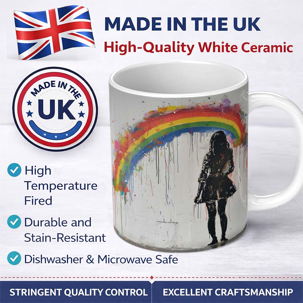 Girl Standing Beneath Colourful Rainbow Street Art 11oz Ceramic Coffee Tea Mug White Large Handle