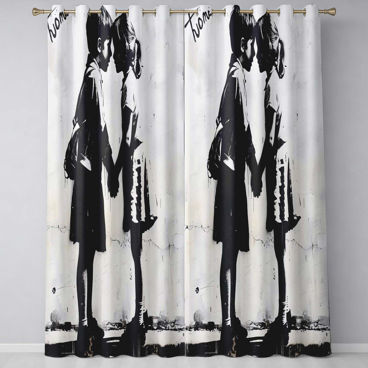 Children Holding Hands Monochrome Street Art Unique Modern Artwork for Home Decor Readymade Eyelet Ring Top Thermal 100% Blackout Curtains