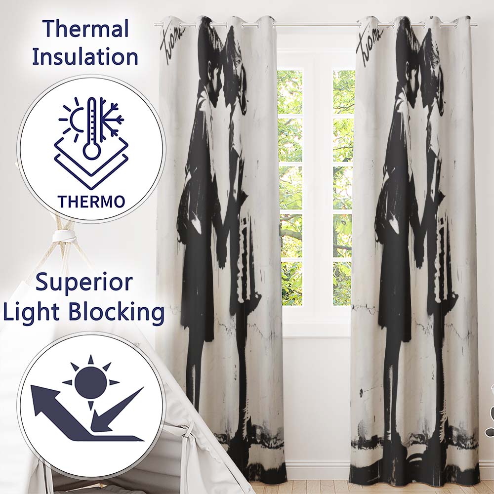 Children Holding Hands Monochrome Street Art Unique Modern Artwork for Home Decor Readymade Eyelet Ring Top Thermal 100% Blackout Curtains