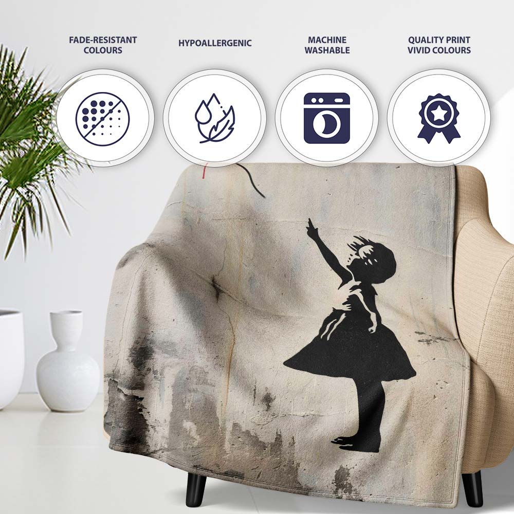 Girl Reaching for Red Heart Balloon Street Art, Lightweight Warm Gift, Comfortable Everyday Use - Super Soft Fleece Blanket Bed Sofa Throw