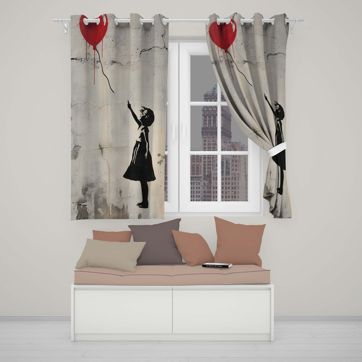 Girl Reaching for Red Heart Balloon Street Art Artistic Artwork for Bedroom Decor Readymade Eyelet Ring Top Thermal 100% Blackout Curtains
