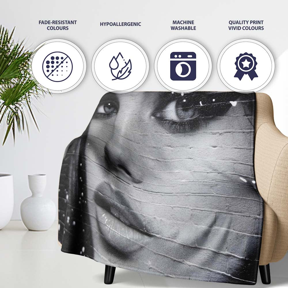 Black and White Female Face Urban Mural Portrait, All Season Comfort, Decorative Wall Art Style - Super Soft Fleece Blanket Bed Sofa Throw